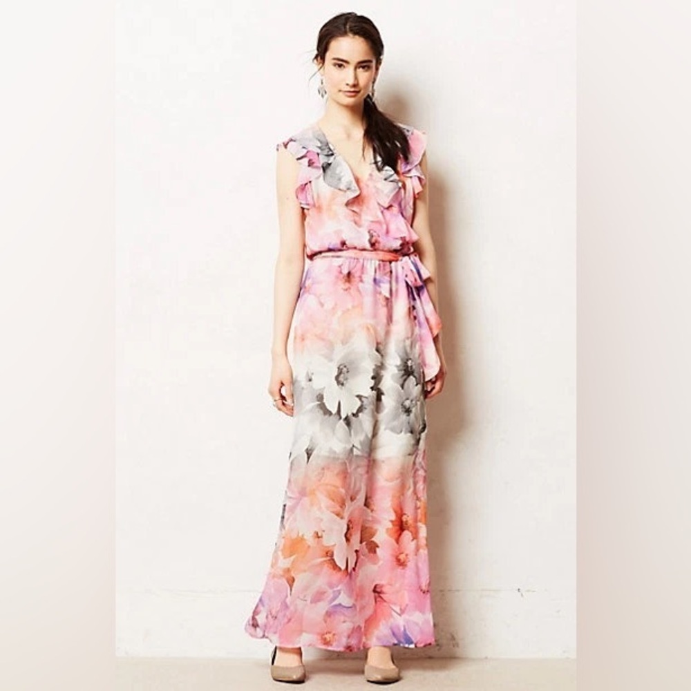 Anthropologie HD in Paris Easel Flora Ruffle Maxi Dress Size 6 Floral Watercolor - Picture 2 of 10